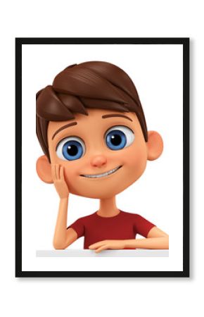 Character cartoon boy leaned against a blank board. 3d rendering. Illustration for advertising.