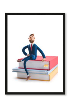 Handsome beard businessman Billy is sitting on a stack of books. The concept of business education.