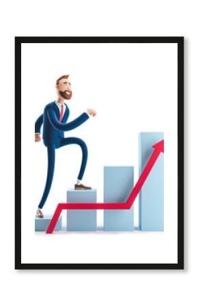 3d illustration. Businessman Billy goes to success. Concept of financial growth. Dashboard with the analysis of finance