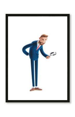 3d illustration.Businessman Billy looking at banknotes through magnifying glass.