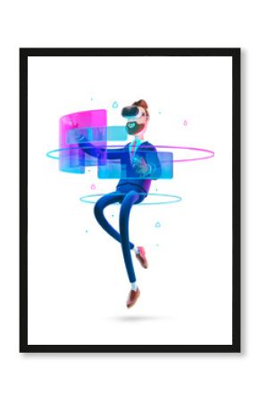 3d illustration. Businessman Billy using virtual reality glasses and touching vr interface.