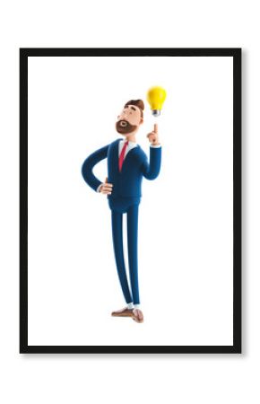 3d illustration. Businessman Billy with yellow bulb. Innovation and inspiration concept.
