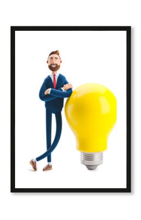 3d illustration. Businessman Billy with yellow bulb. Innovation and inspiration concept.