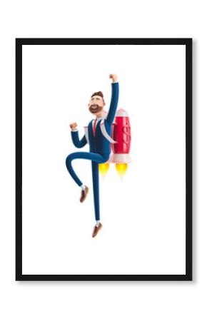 3d illustration. Businessman Billy flying on a rocket Jetpack up. Concept of  business startup, launching of a new company.