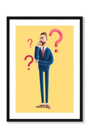 Cartoon character Billy looking for a solution. 3d illustration on yellow background