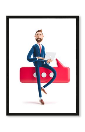 3d illustration. Portrait of a handsome businessman with laptop and bubble talk. Conversation concept.