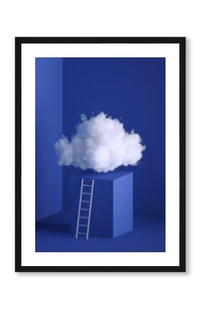 3d render of white soft cloud, cube podium, pedestal, minimal room interior, ladder, stairs. Objects isolated on blue background, modern design, abstract metaphor. Color of the year 2020