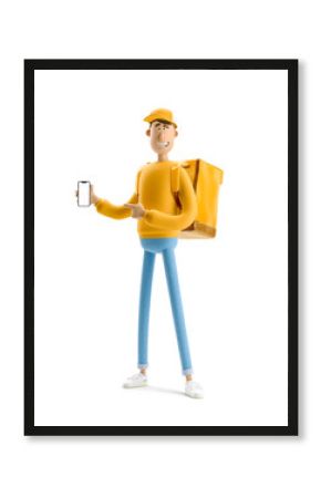 Online delivery concept. 3d illustration. Cartoon character. Delivery guy in yellow uniform stands with the big bag and phone.