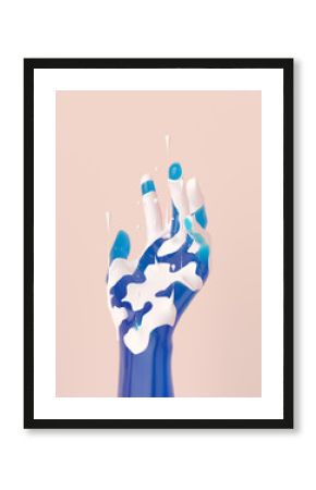 Art creative abstract hand gesture graphic design, blue hand sculpture with white paint drip up drops isolated 3d rendering.