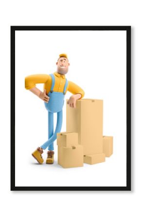 3d illustration. Cartoon character. Deliveryman in overalls is standing with a bunch of parcels.