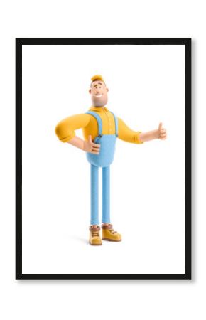 3d illustration. Cartoon character. Deliveryman in overalls holds thumb up.