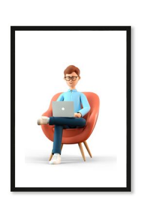 3D illustration of smiling happy man with laptop sitting in armchair. Cartoon businessman working in office and using social networks, isolated on white background.