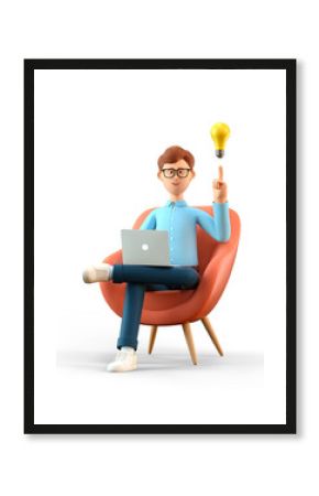 3D illustration of smiling man with laptop and bulb over head, sitting in armchair. Cartoon businessman creating new good ideas or thoughts, working in office, isolated on white.