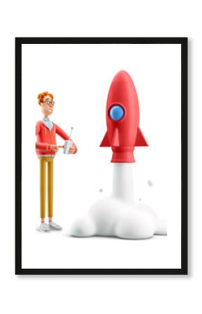 3d illustration. Nerd Larry launches a rocket. Innovation and Startup Concept.