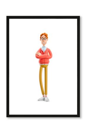 3d illustration. Nerd Larry standing with hands crossed.