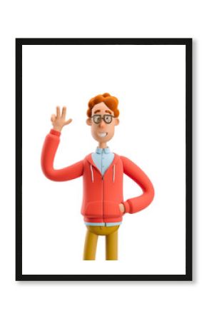 3d illustration. Nerd Larry greeting you. Peace gesture.