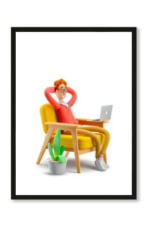 3d illustration. Nerd Larry sits is resting in a chair and watching a video on a laptop. 
