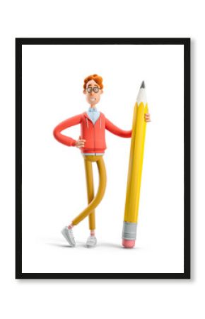 3d illustration. Nerd Larry holding big pencil.  Concept of creativity, creative thinking, innovative idea, innovation, inspiration for artist, creator.