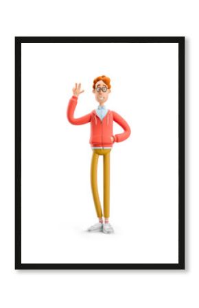 3d illustration. Nerd Larry greeting you. Peace gesture.