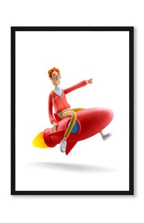 3d illustration. Nerd Larry is flying on a rocket. Innovation and Startup Concept.