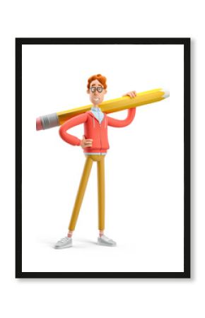 3d illustration. Nerd Larry holding big pencil.  Concept of creativity, creative thinking, innovative idea, innovation, inspiration for artist, creator.