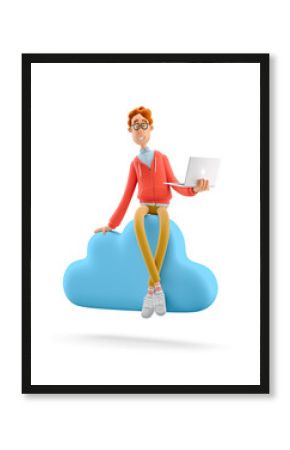 3d illustration. Nerd Larry sits on big cloud sign. Concept mobile application and cloud services.