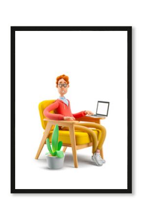 3d illustration. Nerd Larry  sits in an armchair with laptop. The concept of distance work, study and communication in comfortable conditions at home.