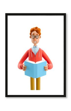 Study and education concept. 3d illustration. Nerd Larry with book.