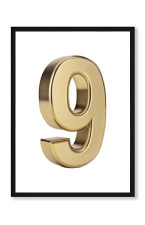 3d golden number 9 isolated on transparent background.