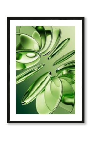 A 3d rendering. Round green glass shapes. Abstract aesthetic background, modern vertical wallpaper