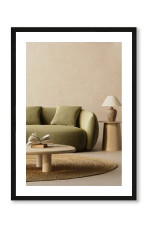 3d render of a Poster frame mock-up in green home interior background with lounge green sofa, table and decor in living room,  