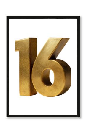 The number "16" is made of solid gold, standing upright on the table with its base visible in the front view. isolated on a transparent background in PNG format.