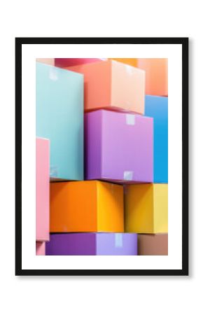 Colorful cardboard boxes stacked on top of each other, creating a vibrant pattern. Concept: organization, storage, or shipping