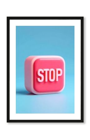 Stop sign cube on blue background, simple and clear.