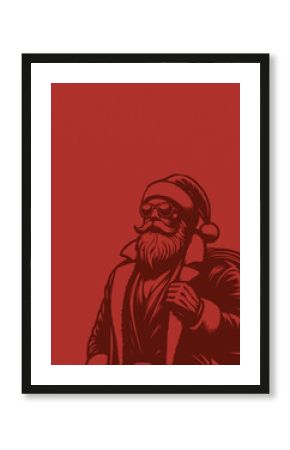 Stylish Santa Claus illustration in vintage retro style on red background. Cool modern Santa wearing sunglasses and carrying a sack of gifts. 3D Rendering, 3D Illustration