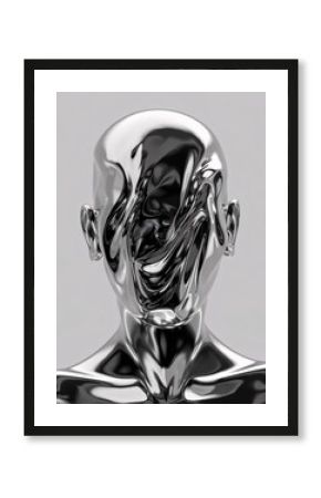 Liquid Identity: A chrome-plated human figure, its face obscured by a swirling, molten surface. The image evokes a sense of mystery and intrigue.
