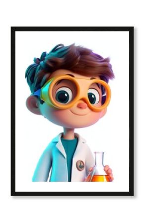 Colorful 3D cartoon style image of a young boy dressed as a scientist in a laboratory setting with safety equipment and holding a chemical flask representing education discovery and STEM learning