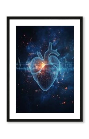 A glowing digital heart with an electrocardiogram line and energy sparks, illuminated against a cosmic background. Ideal for technology, healthcare, and sci-fi themes.. AI Generation