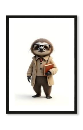 Cute Sloth Professor Holding Book in 3d Render