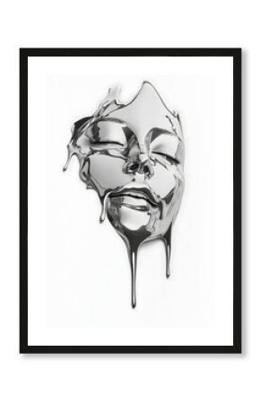 A surreal and artistic depiction of a melting metallic human face, resembling liquid chrome, isolated against a white background for a futuristic effect