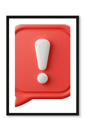 A floating red 3d speech bubble with a bold white exclamation mark. Isolated on transparent background.