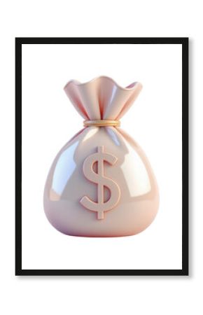 Elegant Pearl Pink 3D Money Bag with Dollar Symbol in Glossy Metallic Finish and Smooth Satin Texture Isolated on Transparent and White Background