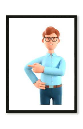 3D illustration of standing happy man pointing finger at direction. Close up portrait of cute cartoon smiling businessman with eyeglasses and blue shirt, isolated on white background.