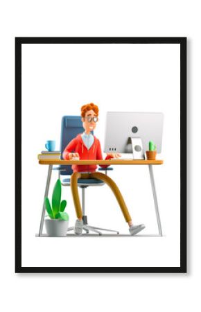 Nerd Larry sits at the table with a computer. 3d illustration.