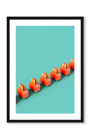 red/pink Toaster in a row. 3d illustration on blue.