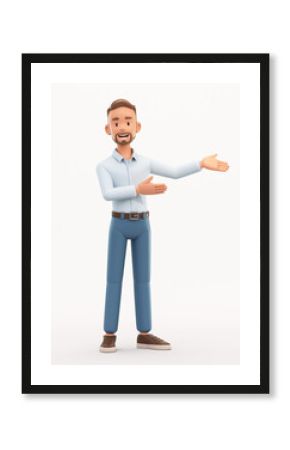 Standing smiling man showing hand at direction. Cartoon happy businessman isolated on white background, 3d rendering