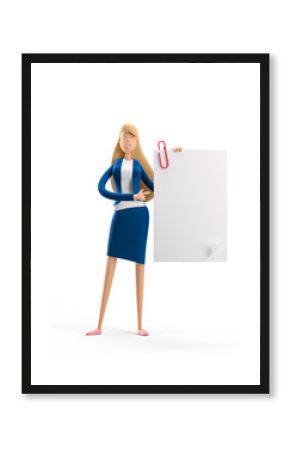 Young business woman Emma standing with paper document on a white background. 3d illustration