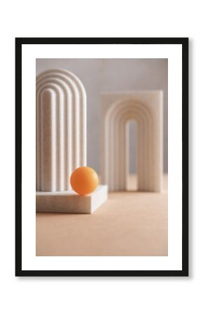 White Sculptures With Small Orange Ball