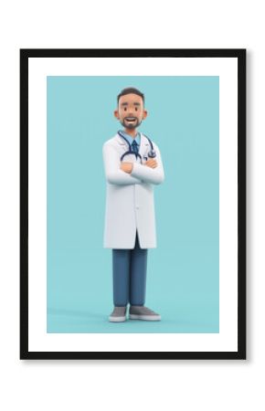 Cartoon doctor character. Male medic specialist with stethoscope in doctor uniform. Medical concept. 3d rendering