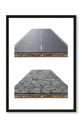 Set of asphalt roads on pieces of ground, front view on a new reconstructed smooth road and old cracked road, isolated on white background, 3d illustration